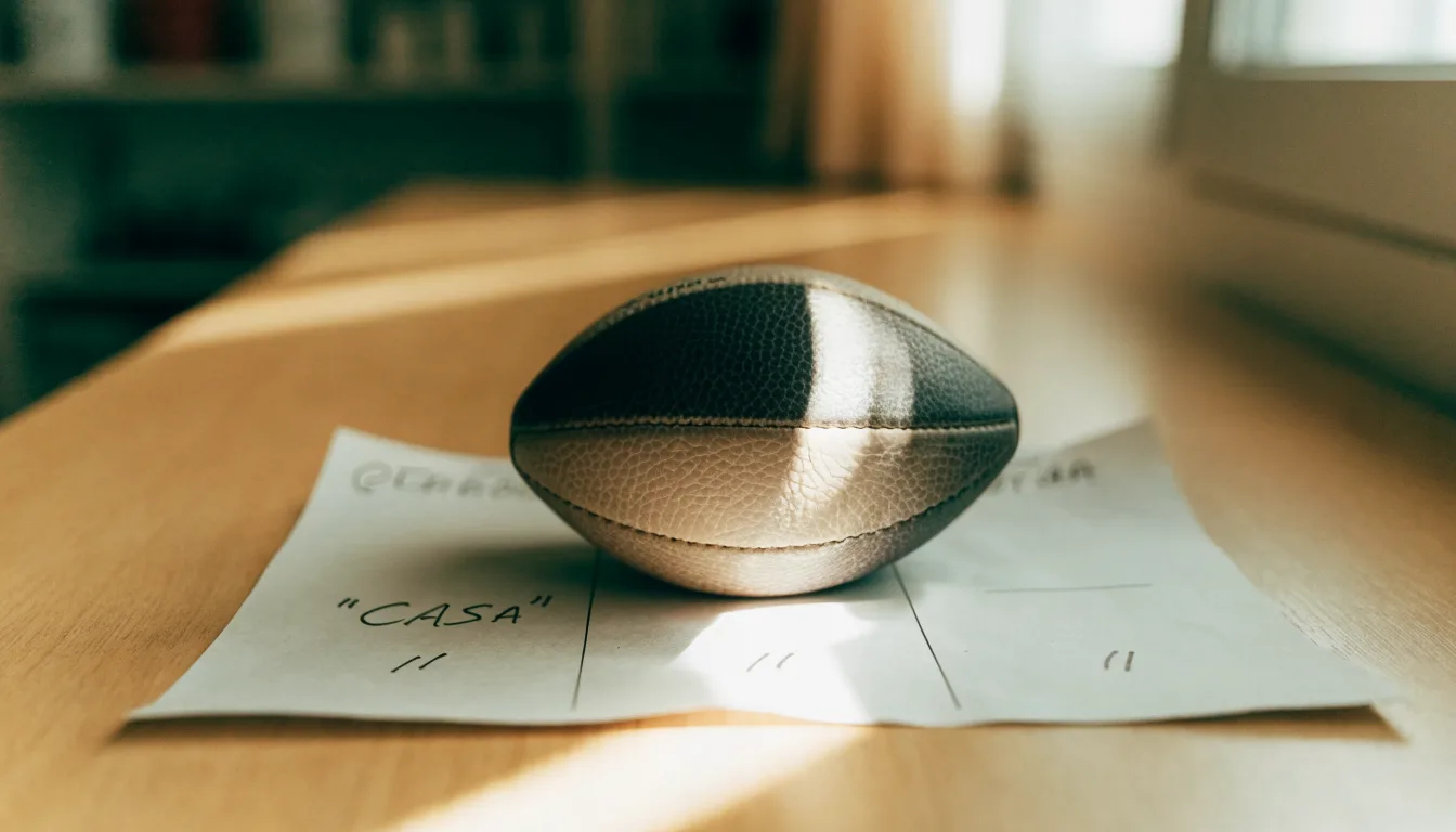 Un pallone da calcio appoggiato su una schedina bianca su un tavolo di legno, alla luce del giorno