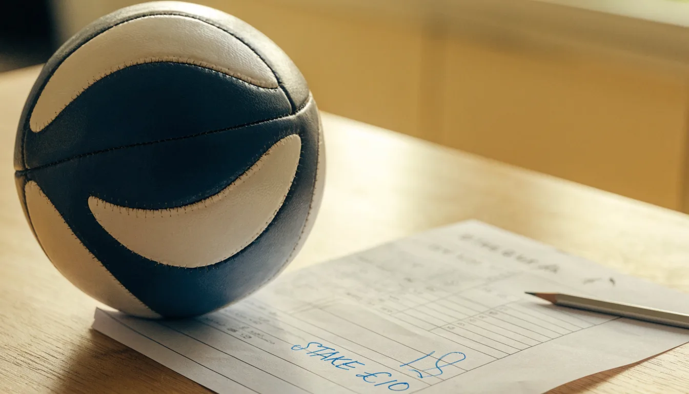 Un pallone da calcio appoggiato su una schedina bianca su un tavolo di legno, alla luce del giorno