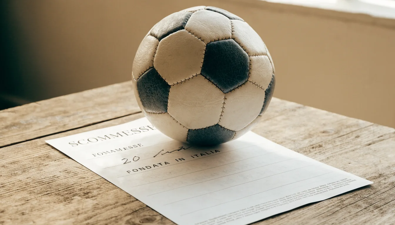 Un pallone da calcio appoggiato su una schedina bianca su un tavolo di legno, alla luce del giorno