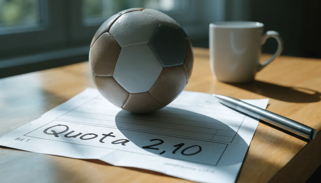 Un pallone da calcio appoggiato su una schedina bianca su un tavolo di legno, alla luce del giorno