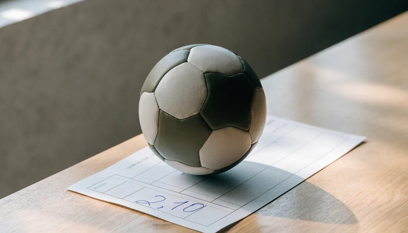 Un pallone da calcio appoggiato su una schedina bianca su un tavolo di legno, alla luce del giorno