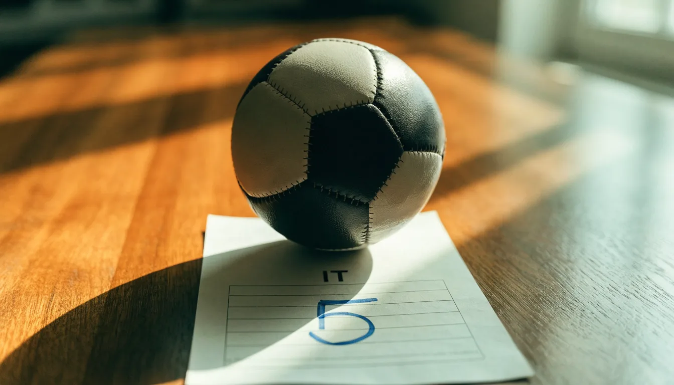Un pallone da calcio appoggiato su una schedina bianca su un tavolo di legno, alla luce del giorno
