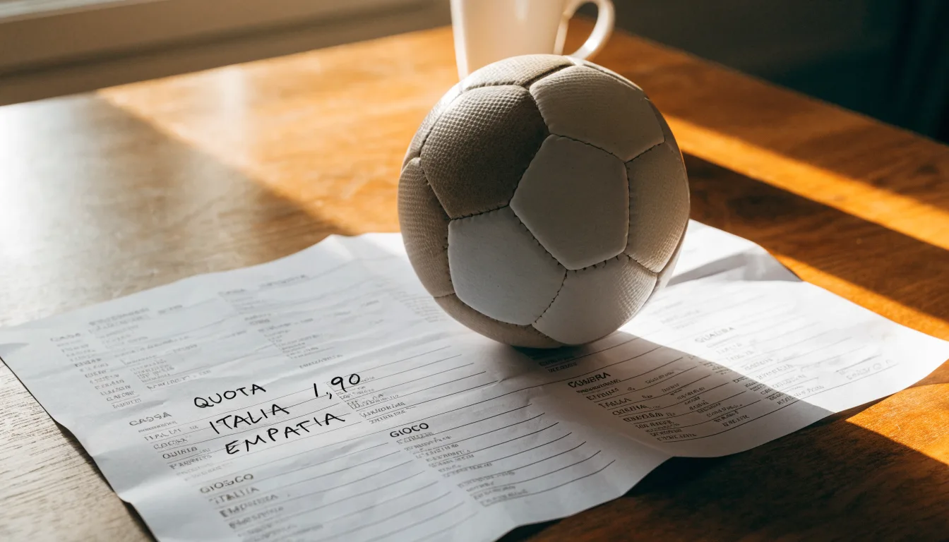 Un pallone da calcio appoggiato su una schedina bianca su un tavolo di legno, alla luce del giorno