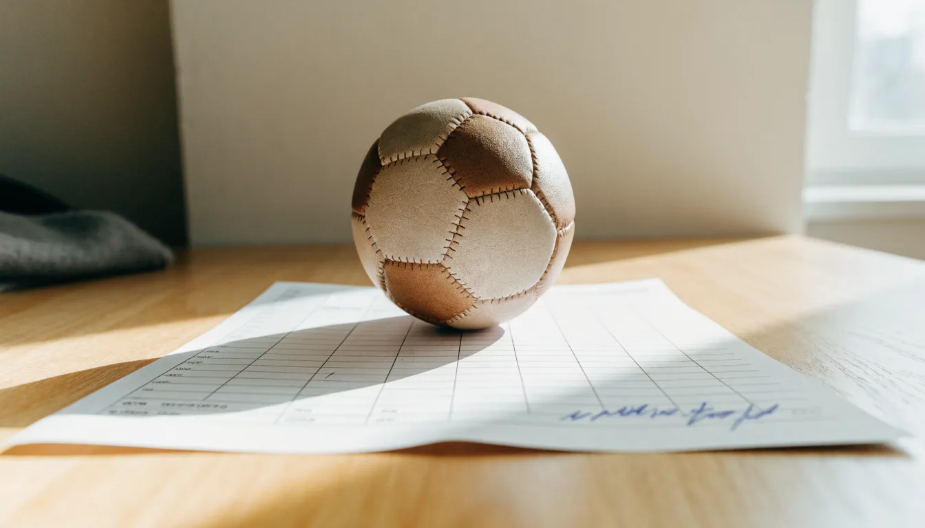 Un pallone da calcio appoggiato su una schedina bianca su un tavolo di legno, alla luce del giorno