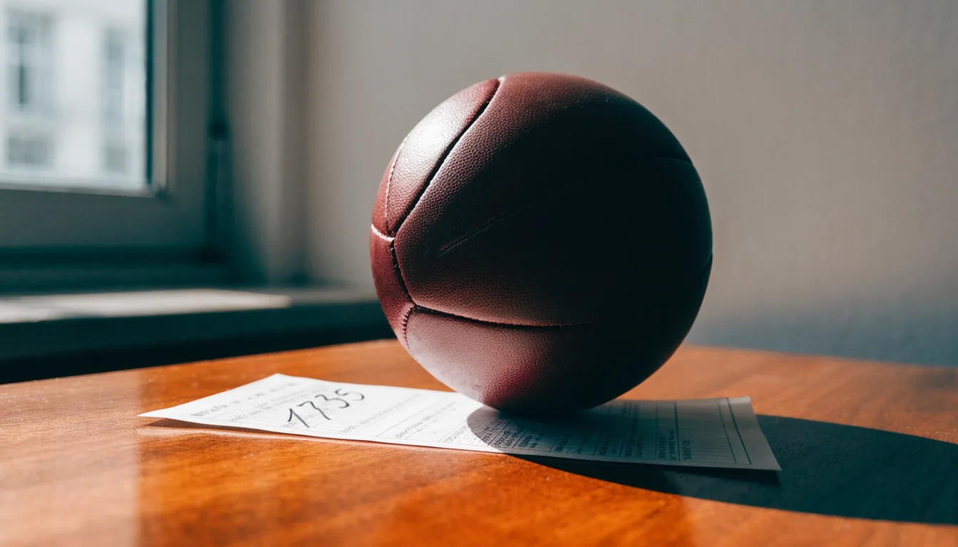 Un pallone da calcio appoggiato su una schedina bianca su un tavolo di legno, alla luce del giorno