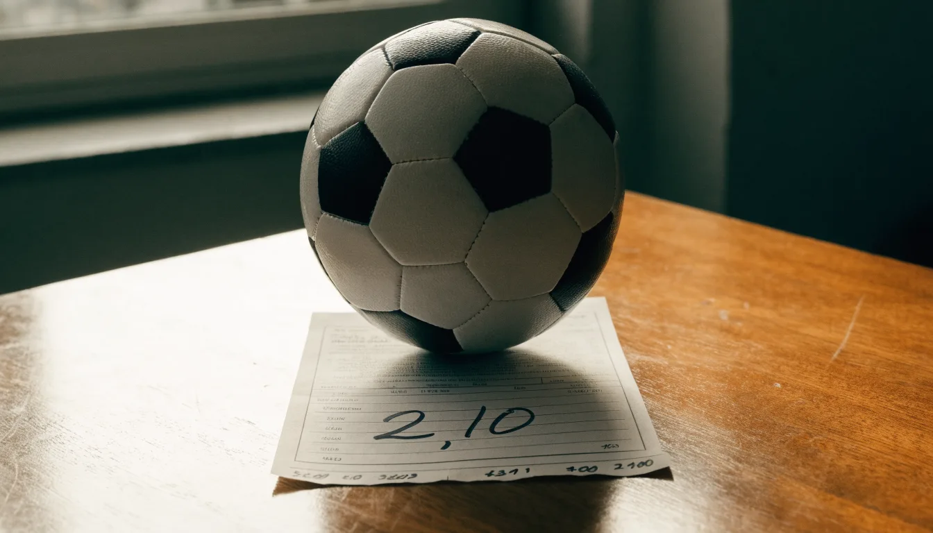 Un pallone da calcio appoggiato su una schedina bianca su un tavolo di legno, alla luce del giorno