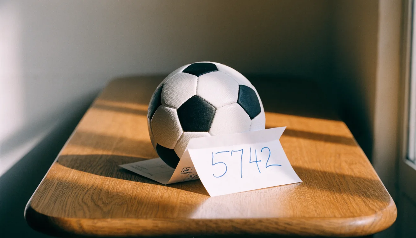 Un pallone da calcio appoggiato su una schedina bianca su un tavolo di legno, alla luce del giorno