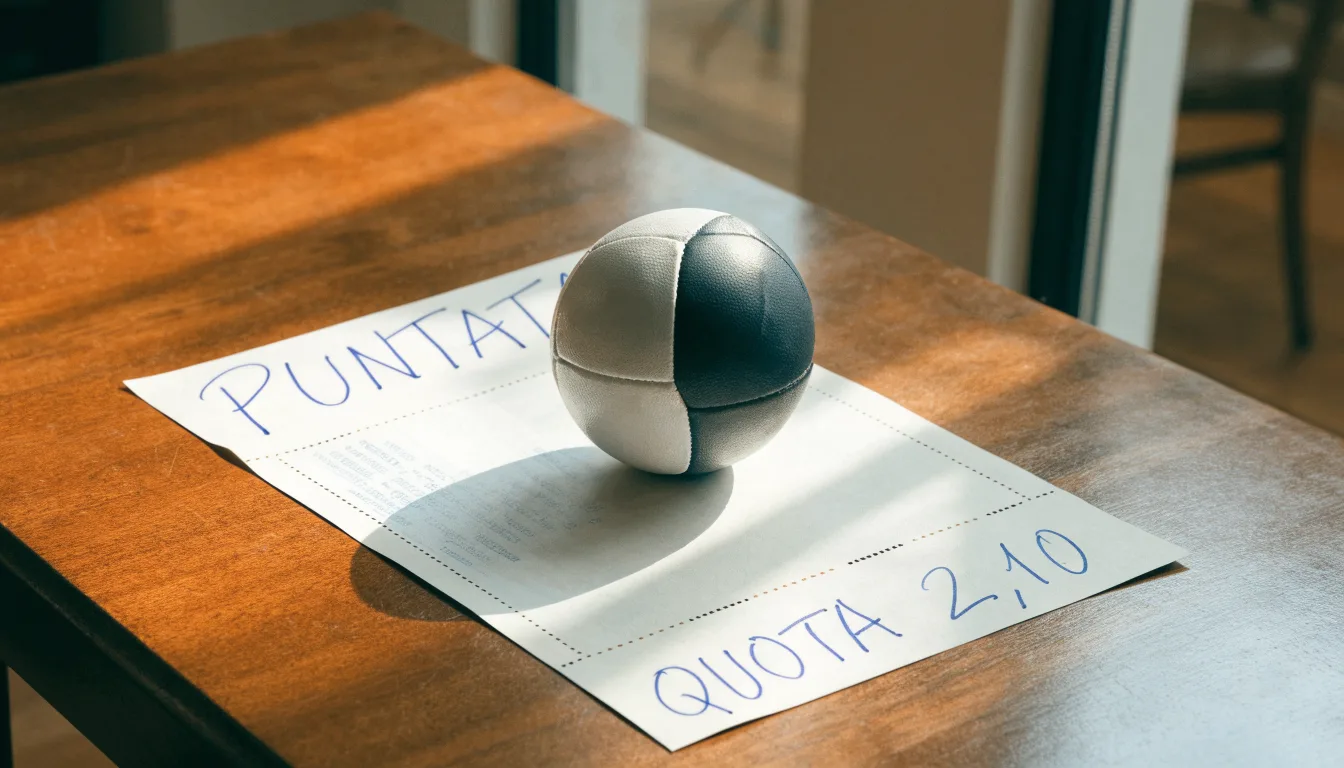Un pallone da calcio appoggiato su una schedina bianca su un tavolo di legno, alla luce del giorno