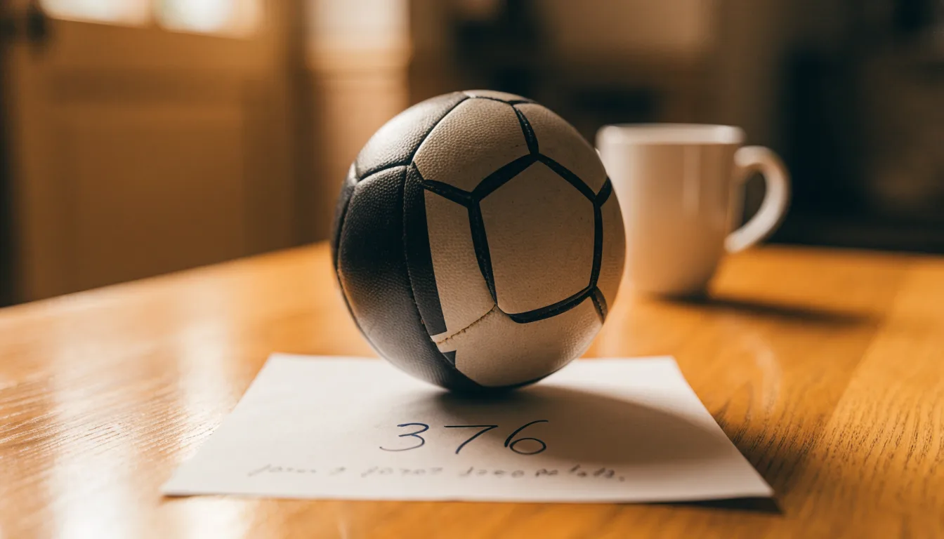 Un pallone da calcio appoggiato su una schedina bianca su un tavolo di legno, alla luce del giorno
