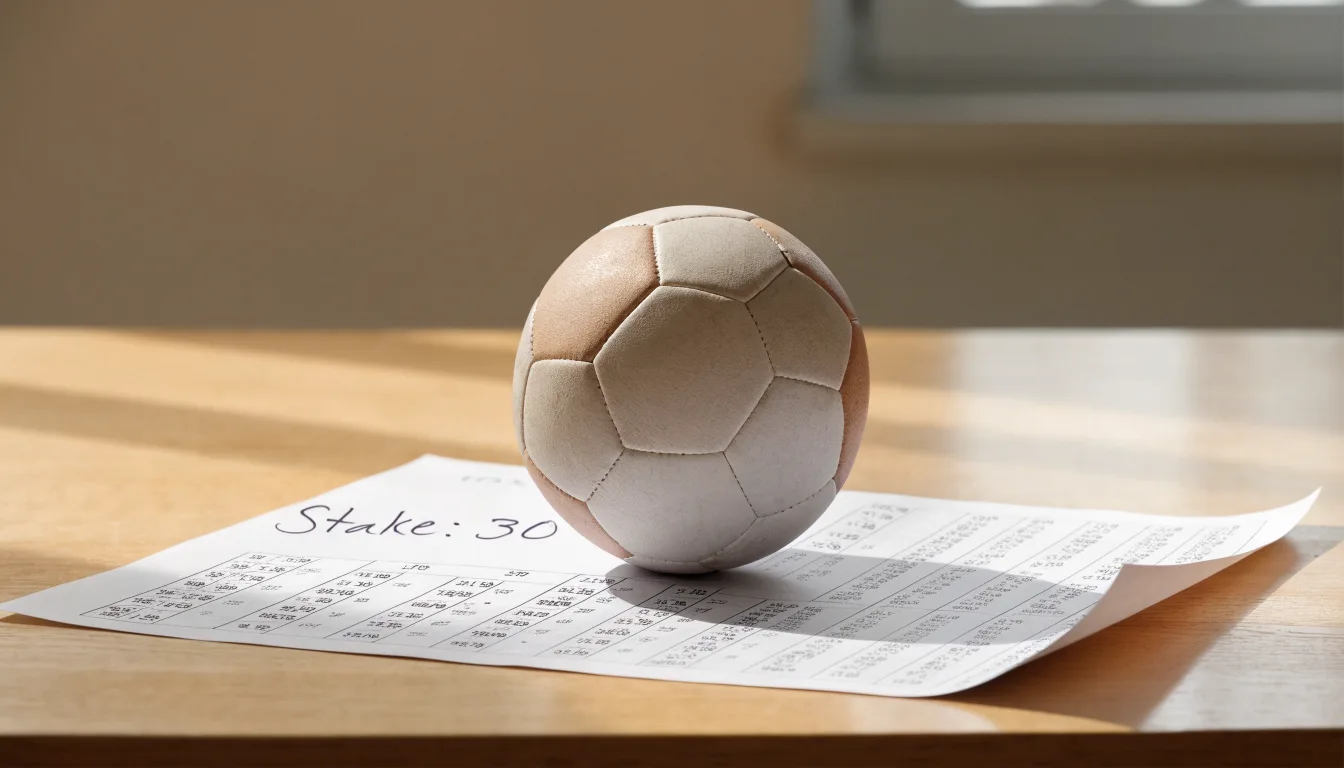 Un pallone da calcio appoggiato su una schedina bianca su un tavolo di legno, alla luce del giorno