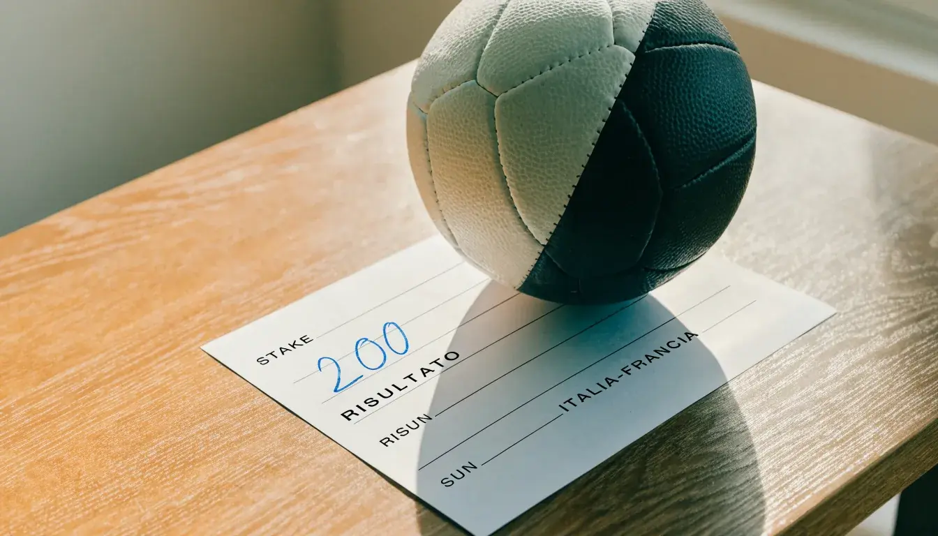 Un pallone da calcio appoggiato su una schedina bianca su un tavolo di legno, alla luce del giorno