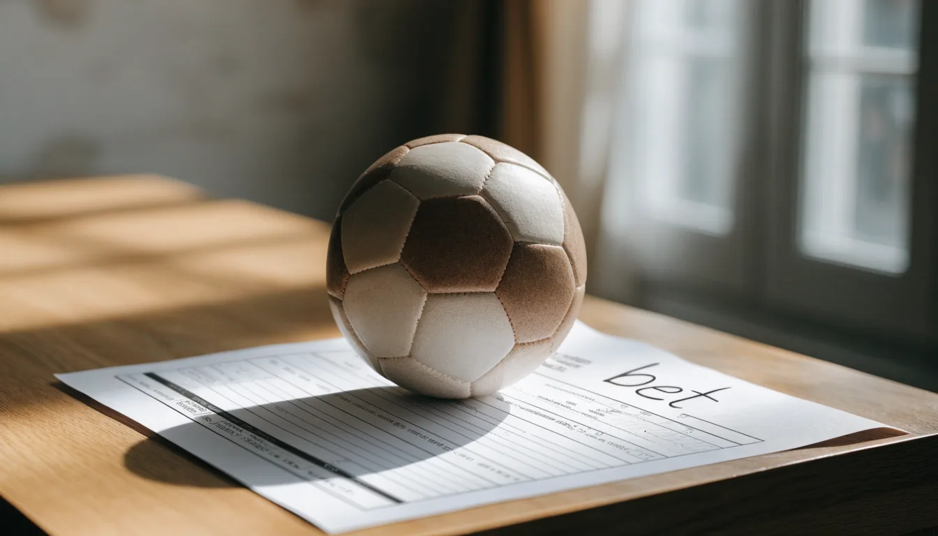 Un pallone da calcio appoggiato su una schedina bianca su un tavolo di legno, alla luce del giorno