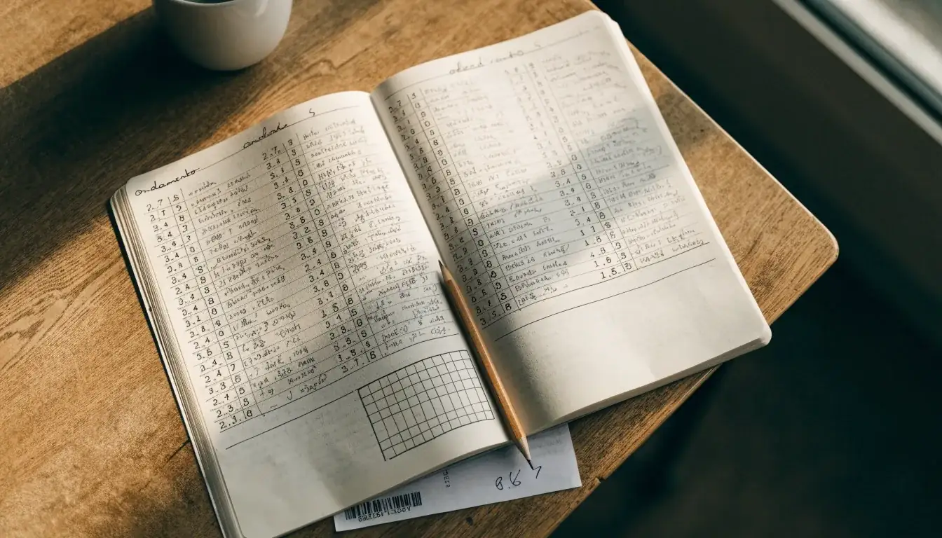Un quaderno aperto con quote scritte a mano, una calcolatrice e una matita su un tavolo di legno
