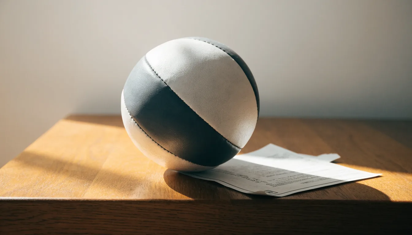 Un pallone da calcio appoggiato su una schedina bianca su un tavolo di legno, alla luce del giorno