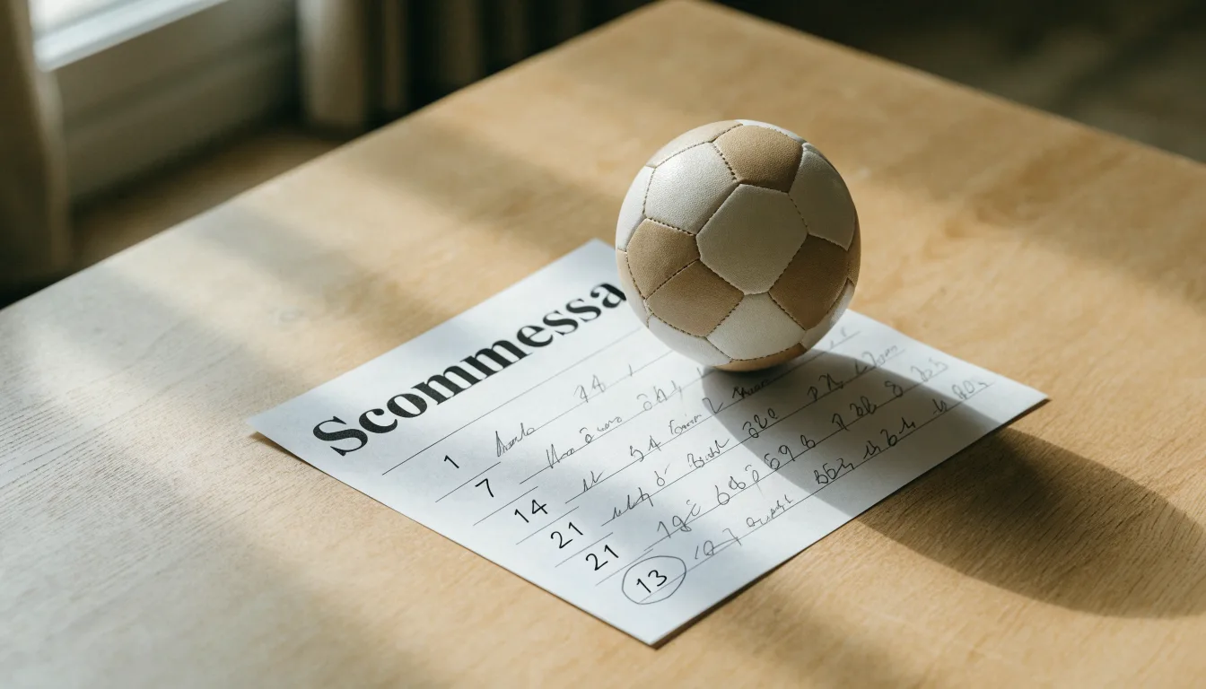 Un pallone da calcio appoggiato su una schedina bianca su un tavolo di legno, alla luce del giorno