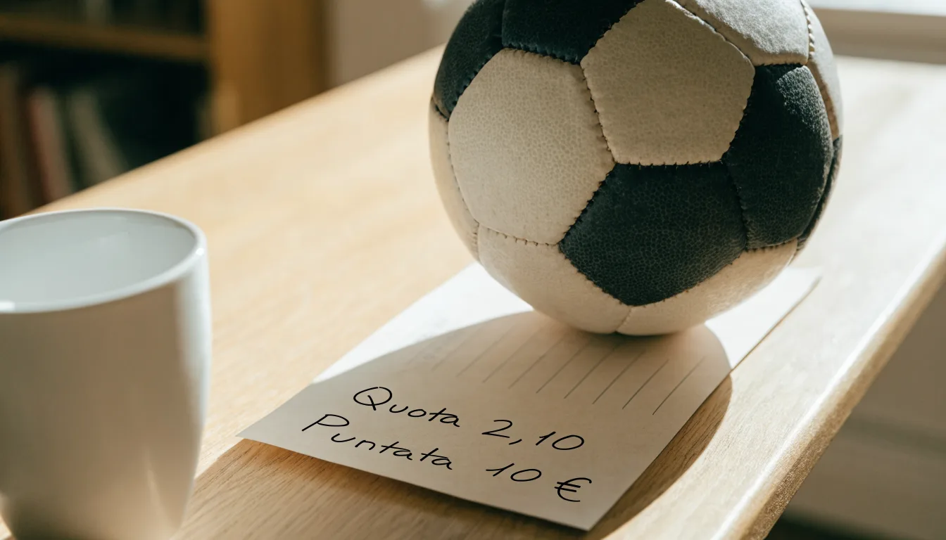 Un pallone da calcio appoggiato su una schedina bianca su un tavolo di legno, alla luce del giorno