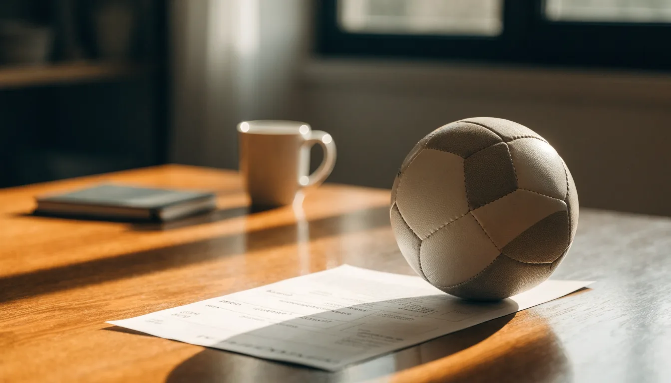 Un pallone da calcio appoggiato su una schedina bianca su un tavolo di legno, alla luce del giorno