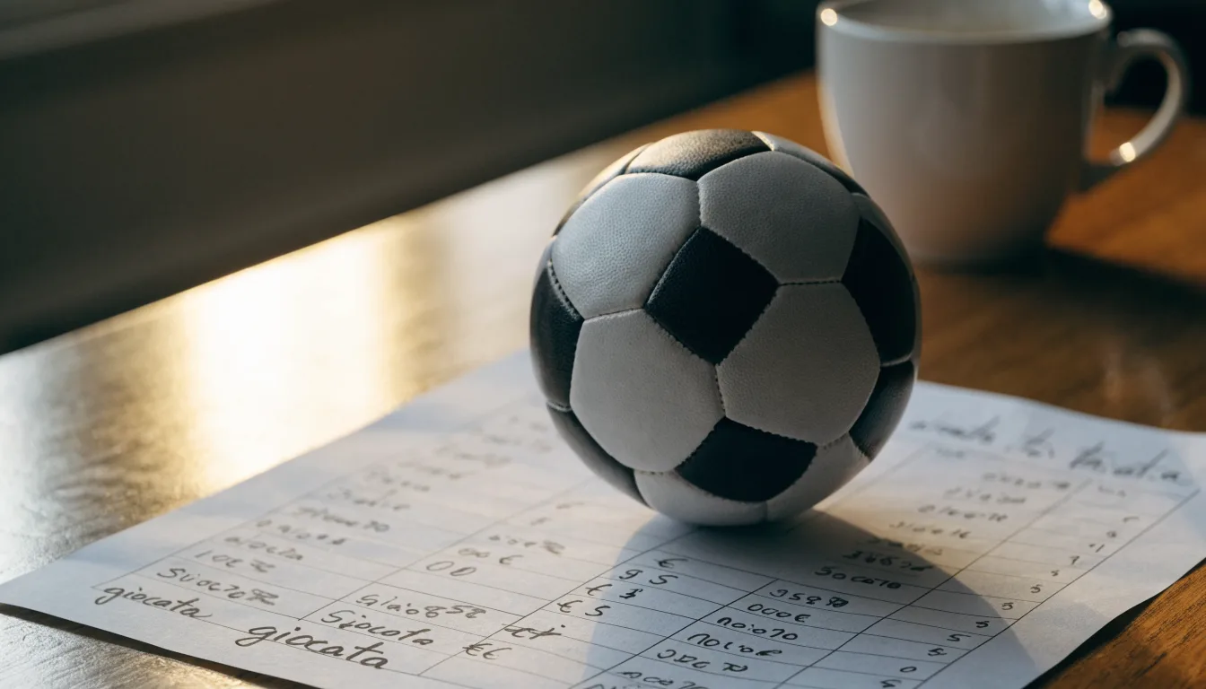 Un pallone da calcio appoggiato su una schedina bianca su un tavolo di legno, alla luce del giorno