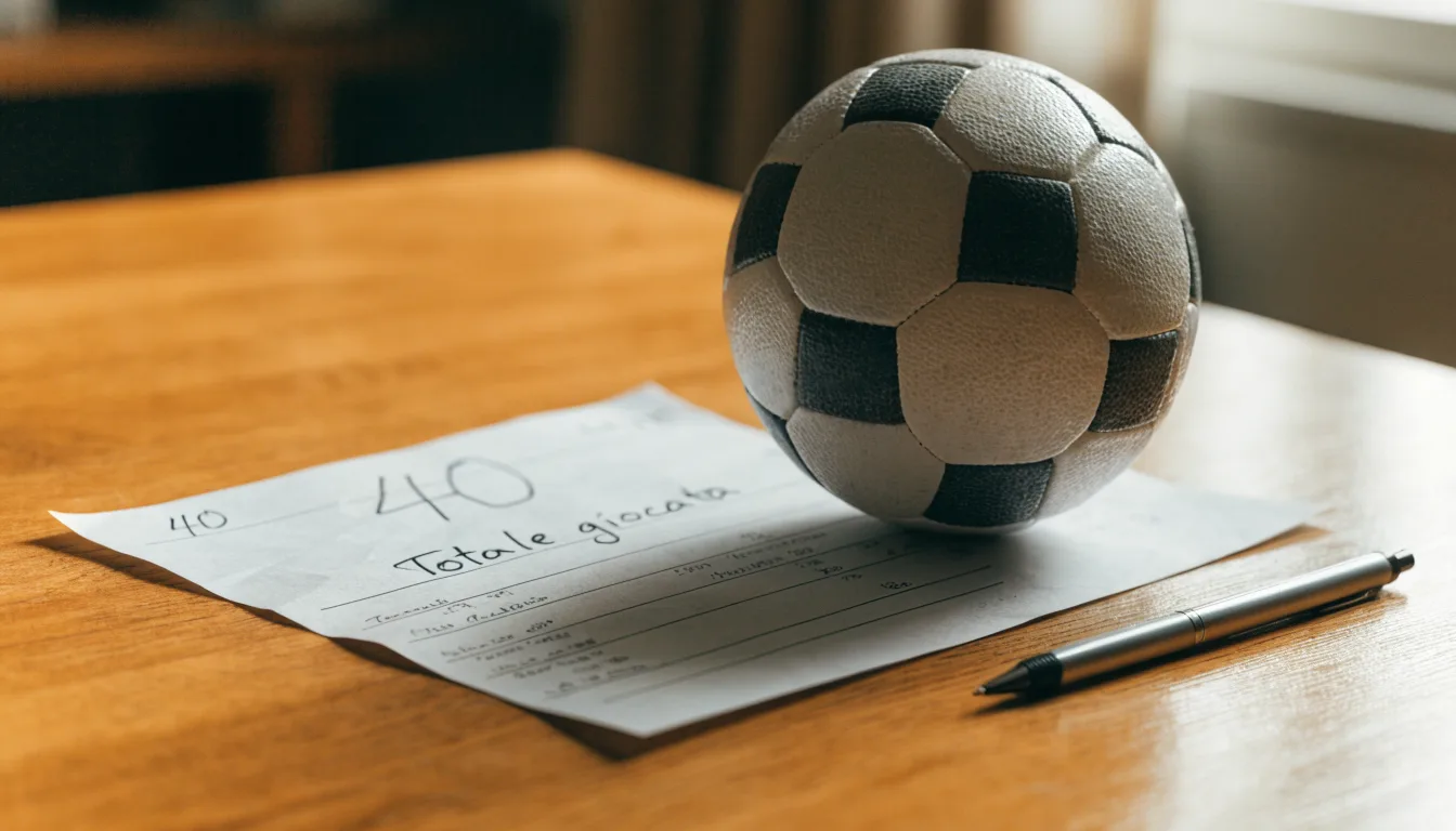 Un pallone da calcio appoggiato su una schedina bianca su un tavolo di legno, alla luce del giorno