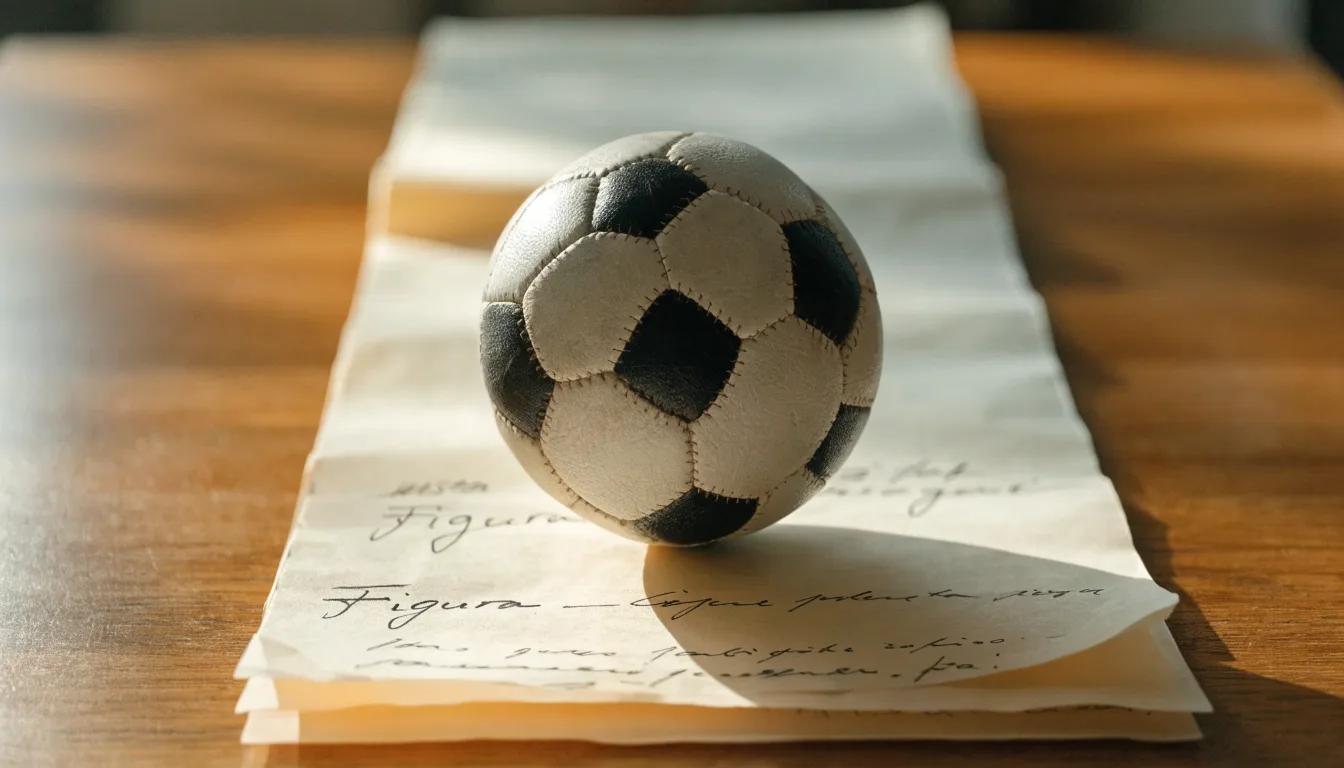 Un pallone da calcio appoggiato su una schedina bianca su un tavolo di legno, alla luce del giorno