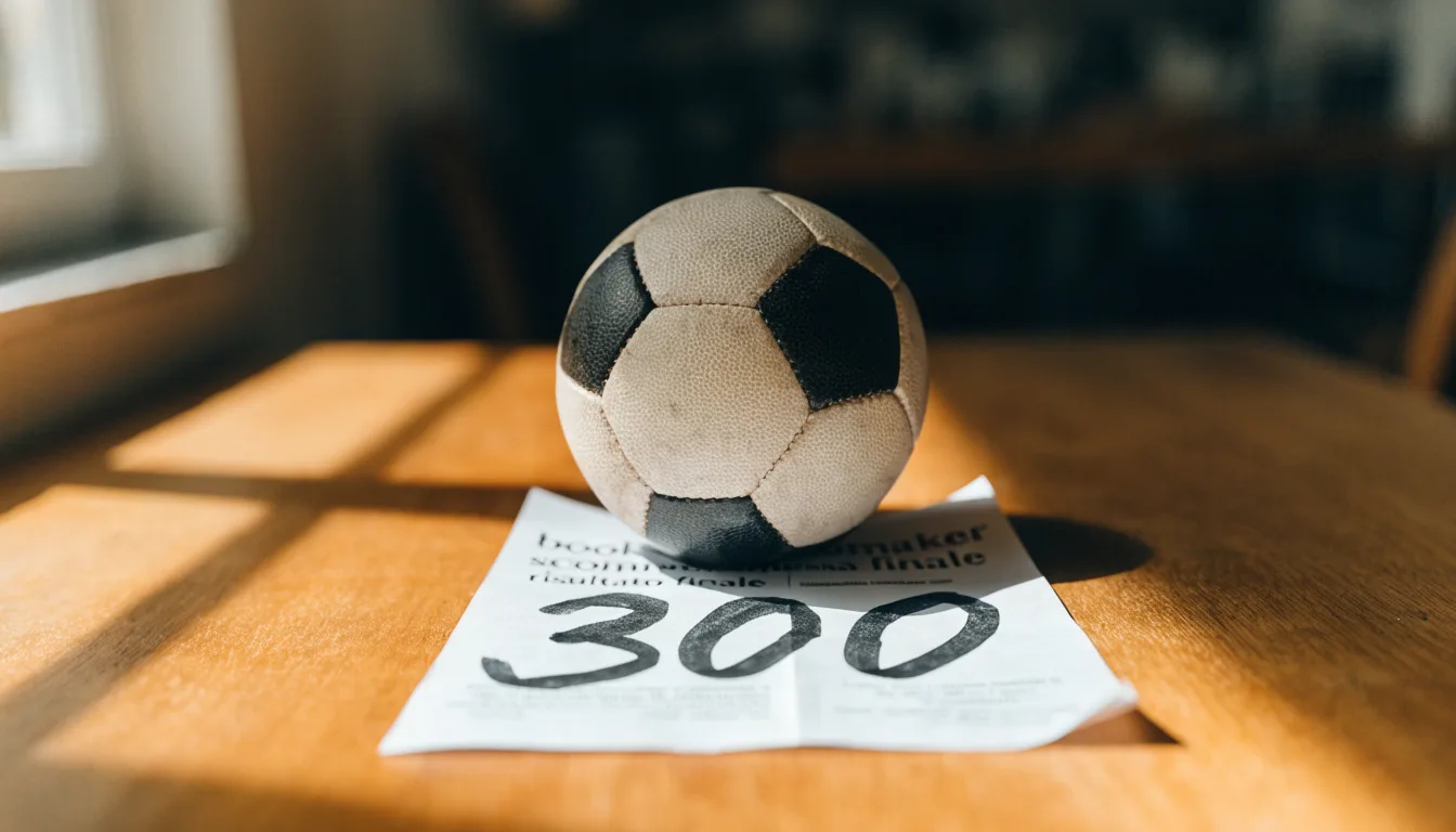Un pallone da calcio appoggiato su una schedina bianca su un tavolo di legno, alla luce del giorno