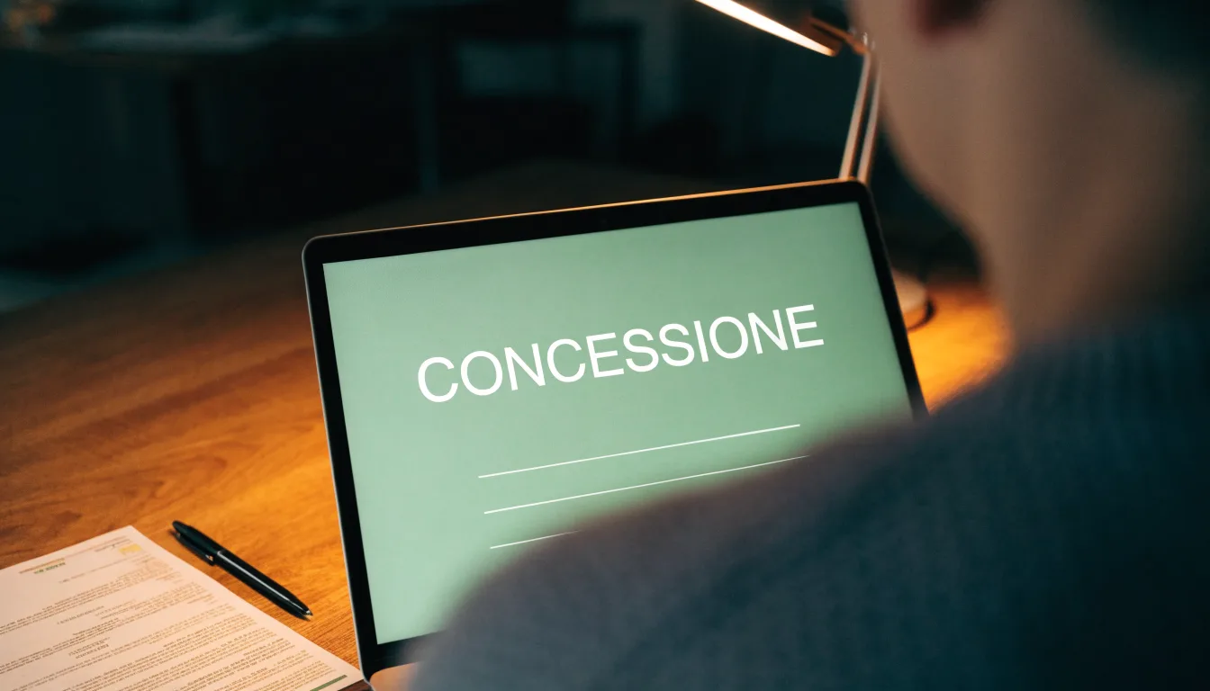 Un foglio di concessione in carta con un timbro rosso, appoggiato su una scrivania di legno accanto a una penna