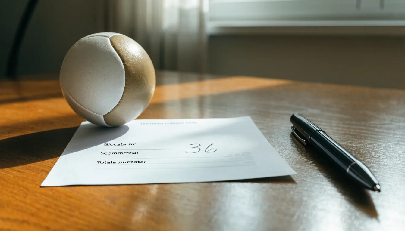 Un pallone da calcio appoggiato su una schedina bianca su un tavolo di legno, alla luce del giorno