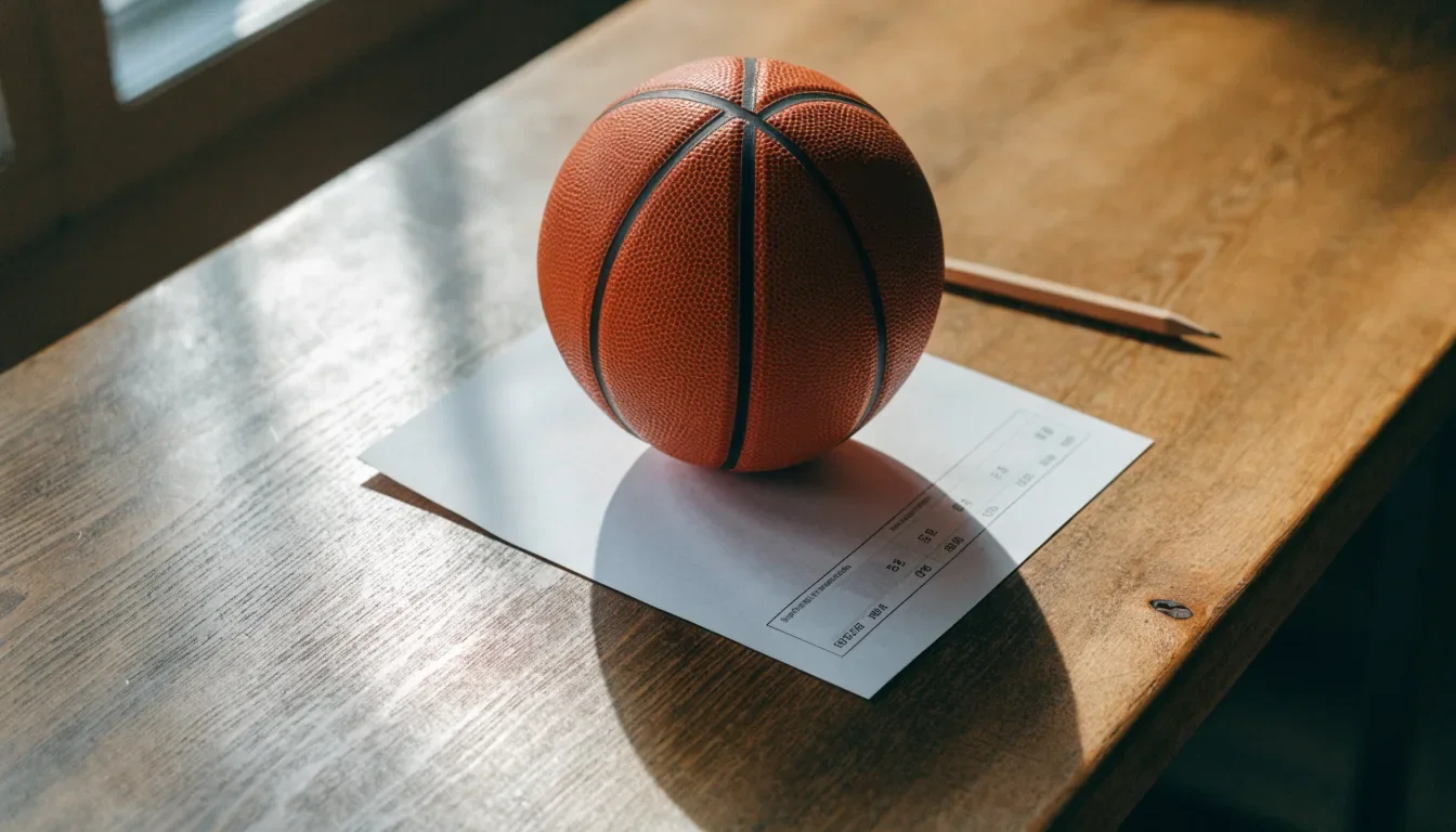 Un pallone da calcio appoggiato su una schedina bianca su un tavolo di legno, alla luce del giorno