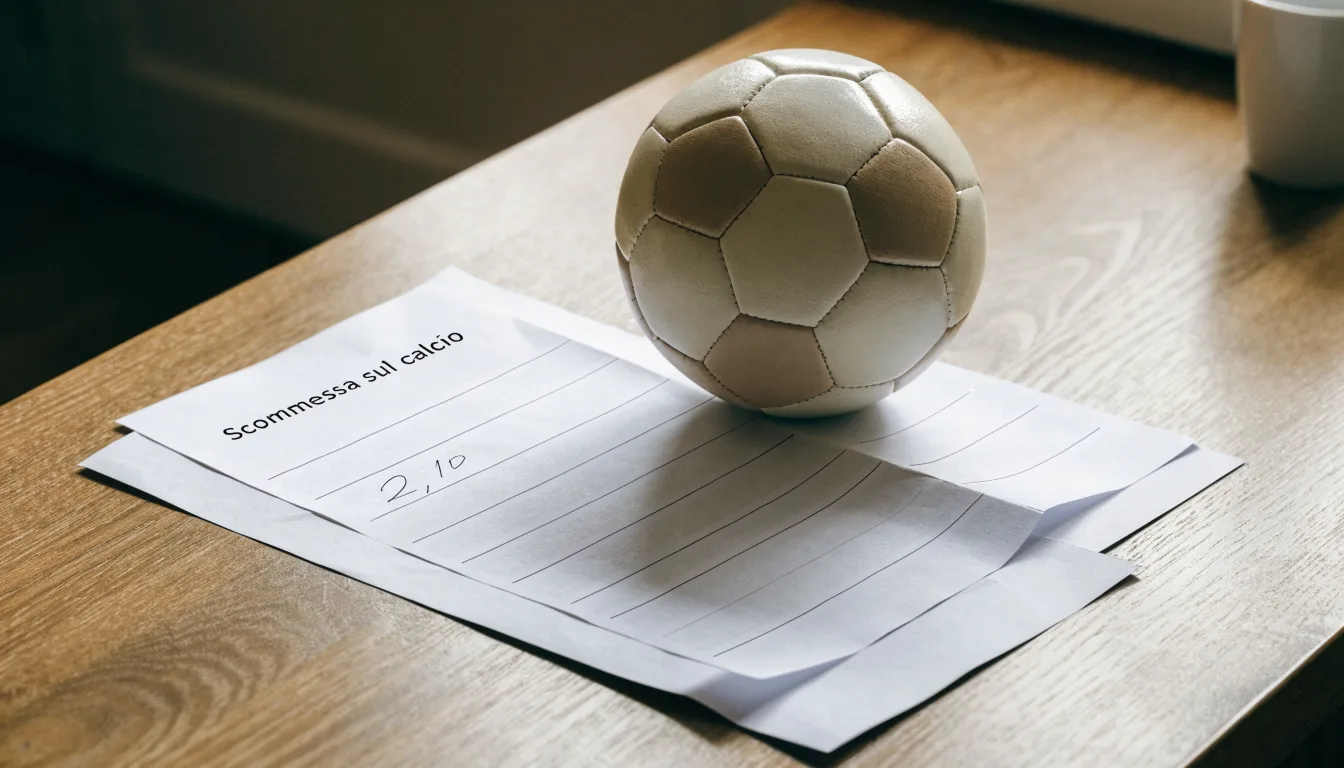 Un pallone da calcio appoggiato su una schedina bianca su un tavolo di legno, alla luce del giorno