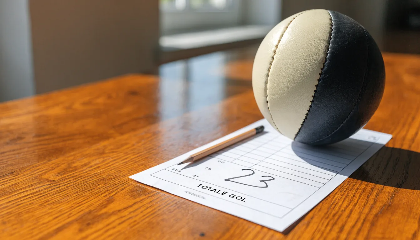 Un pallone da calcio appoggiato su una schedina bianca su un tavolo di legno, alla luce del giorno