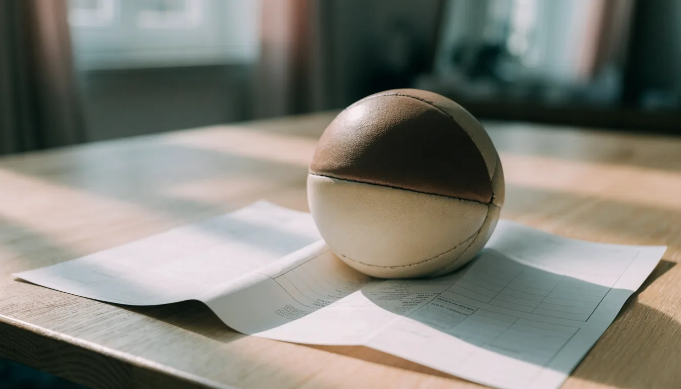 Un pallone da calcio appoggiato su una schedina bianca su un tavolo di legno, alla luce del giorno