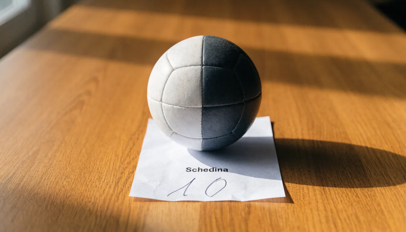Un pallone da calcio appoggiato su una schedina bianca su un tavolo di legno, alla luce del giorno