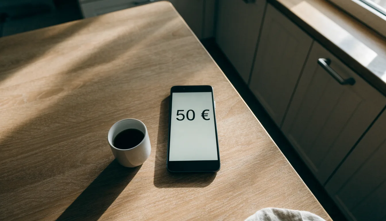 Un documento di identità appoggiato accanto a uno smartphone con un timer sullo schermo, su un tavolo da cucina